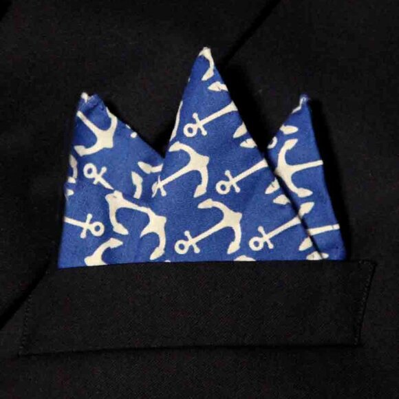 Gascoigne Hand Stitched Pocket Square Cotton Blue White Nautical Anchor Pattern - Picture 3 of 4